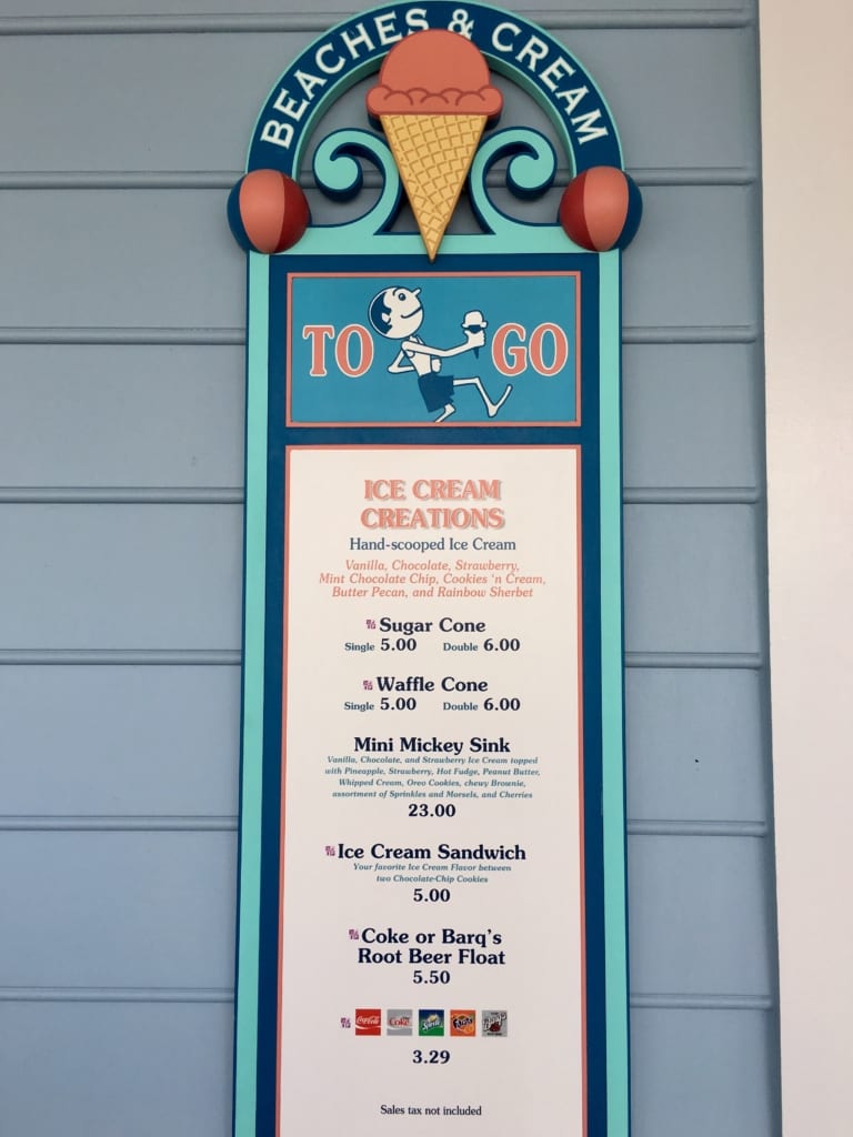 Beaches and Cream menu