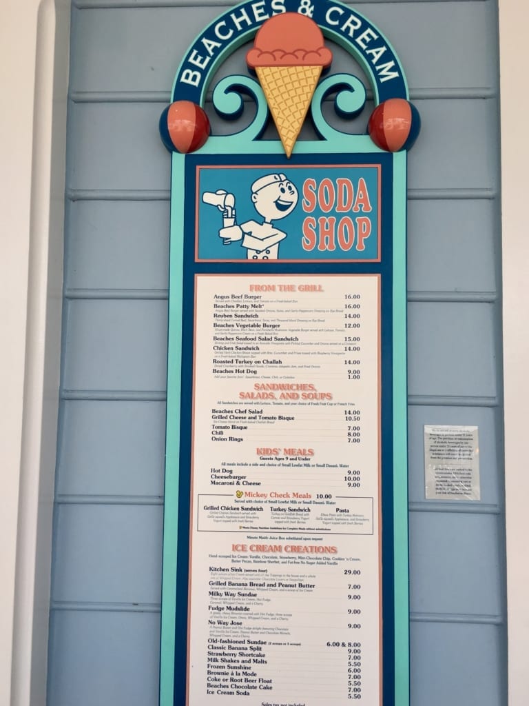 Beaches and Cream menu