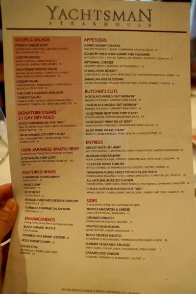 Yachtsman Steakhouse Full Review dinner menu