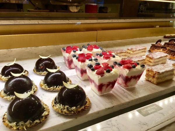 Les Halles Boulangerie Patisserie Bakery Review Display Case Duo Cake and Fruit Parfait