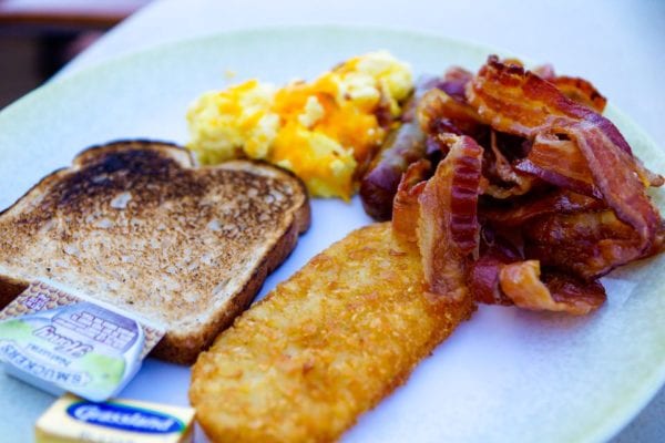 DisnDisney Cruise Cabanas Breakfast Review Food Plate Bacon and Hash Browns