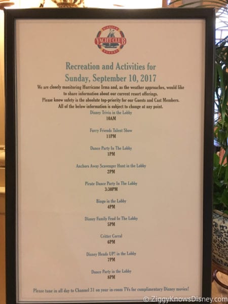 Hurricane Irma in Walt Disney World yacht club activités list