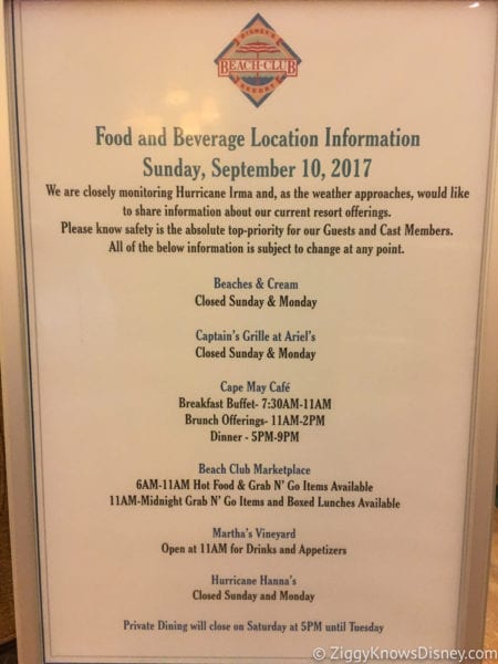 Hurricane Irma in Walt Disney World beach club food menu