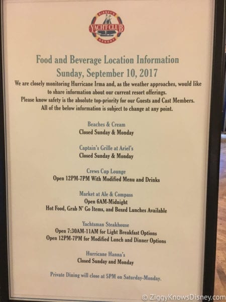 Hurricane Irma in Walt Disney World yacht club food menu