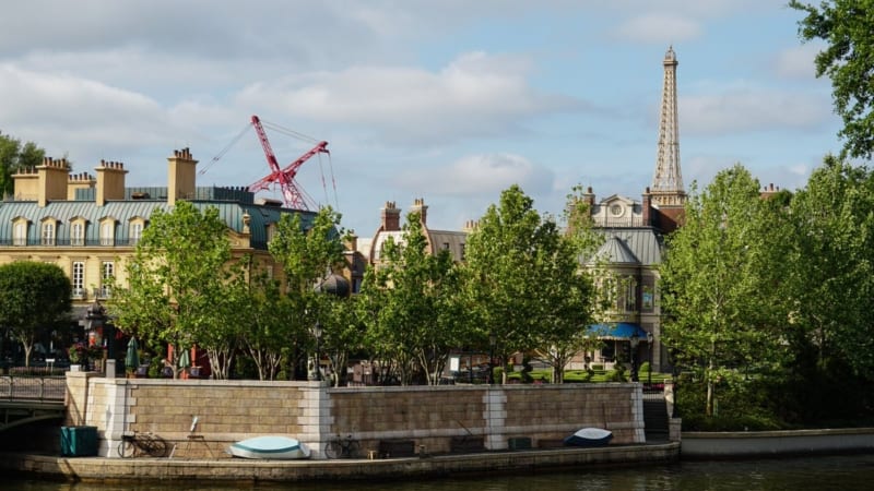 Ratatouille Construction Update Epcot April 2018 France pavilion and crane