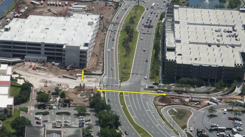 Disney Springs pedestrian bridge going across the street