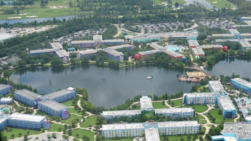 Disney Skyliner Station Pop Century and Art of Animation route through lake