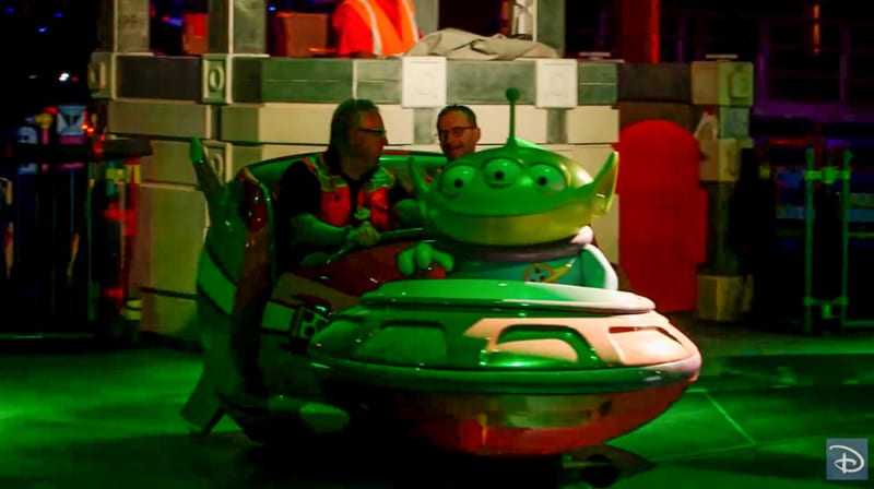 Nighttime Preview of Toy Story Land alien swirling saucers