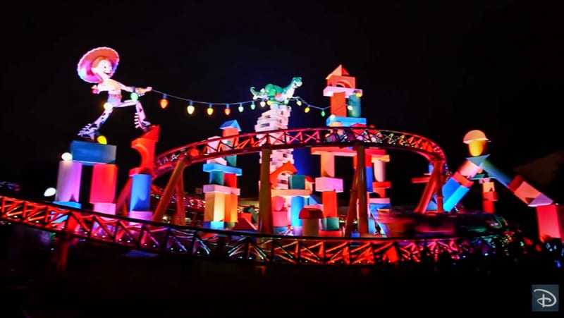 Nighttime Preview of Toy Story Land slinky dog dash
