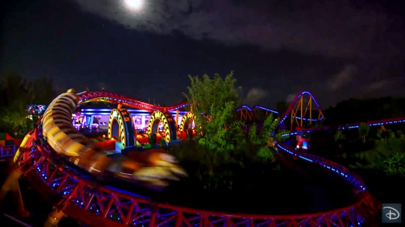 Nighttime Preview of Toy Story Land slinky dog dash curve